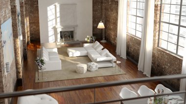 Büyük ve konforlu oturma odasında parlak kanepe ile bir çatı katı daire. 3D render