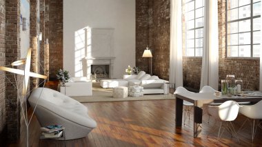 Big and comfortable living room in a loft apartment with bright sofa. 3d rendering