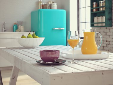 Mutfakta kahve ve meyve suyu ile vintage bir daire. 3D render