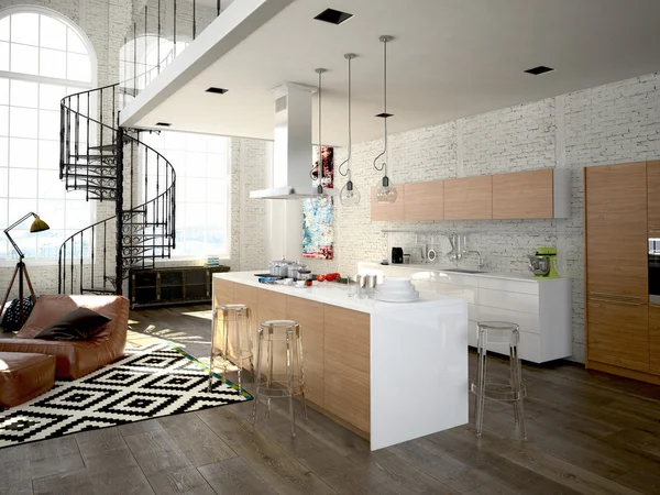Modernes Loft mit Küche. 3D-Darstellung — Stockfoto
