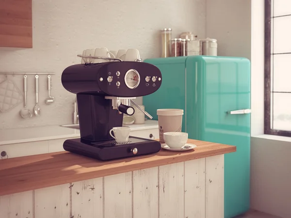 Coffeemaker and cup of coffee in kitchen interior. 3d rendering — Stock Photo, Image