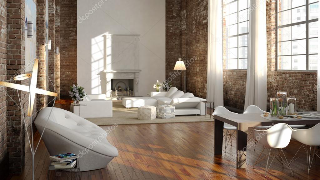 Big and comfortable living room in a loft apartment with bright sofa. 3d rendering