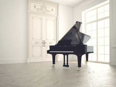 piano in a n empty room.3d rendering clipart