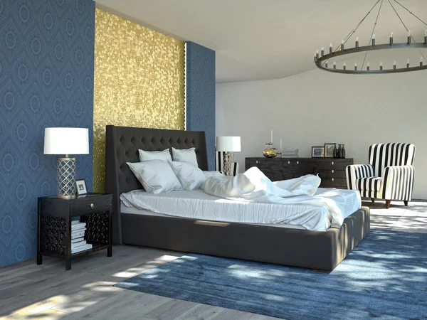 Μεγάλη σύγχρονη κρεβατοκάμαρα σε ένα διαμέρισμα. 3D rendering — Φωτογραφία Αρχείου