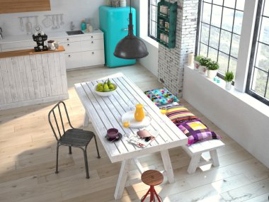 Lüks mutfak paslanmaz çelik aletleri ile. 3D render