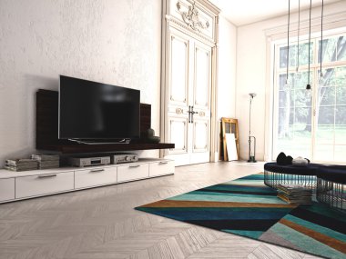 Modern oturma odası Tv ve hifi donanımları ile. 3D render