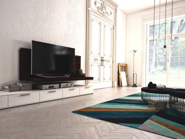 Modern living-room with TV and hifi equipment. 3d rendering clipart
