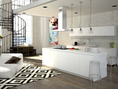 Modern loft ile mutfak. 3D render