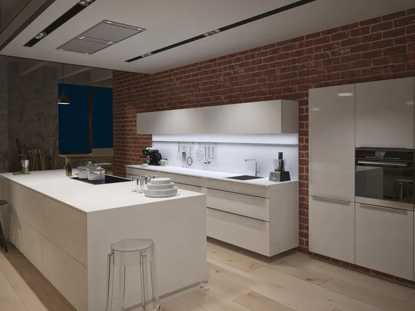 Modernt stål kök i konverterade industriell loft. 3D-rendering — Stockfoto
