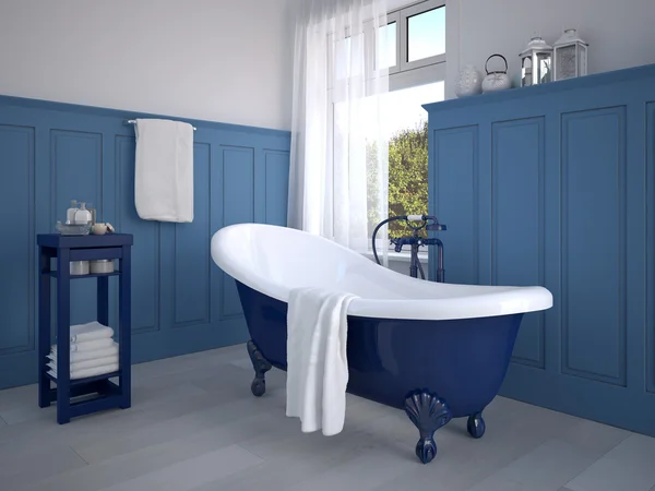 Vintage beige kleur badkamer met een gouden sanitair. 3D-rendering — Stockfoto