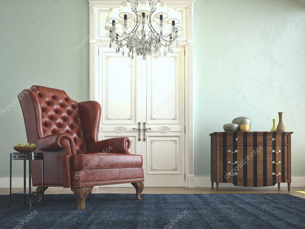 Beautiful vintage sofa next to grung wall. 3d rendering