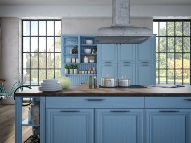 Lüks mutfak paslanmaz çelik aletleri ile. 3D render