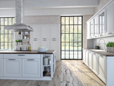 Lüks mutfak paslanmaz çelik aletleri ile. 3D render