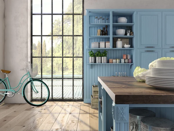 Lüks mutfak paslanmaz çelik aletleri ile. 3D render