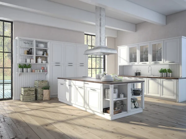 Luxe keuken met roestvrijstalen apparaten. 3D-rendering — Stockfoto