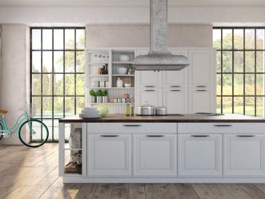 Lüks mutfak paslanmaz çelik aletleri ile. 3D render