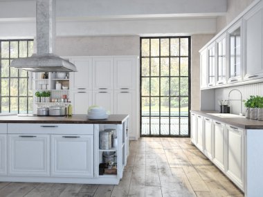 Lüks mutfak paslanmaz çelik aletleri ile. 3D render