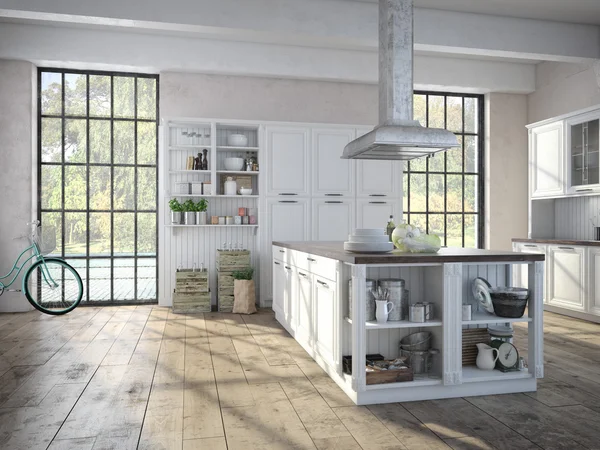 Luxe keuken met roestvrijstalen apparaten. 3D-rendering — Stockfoto