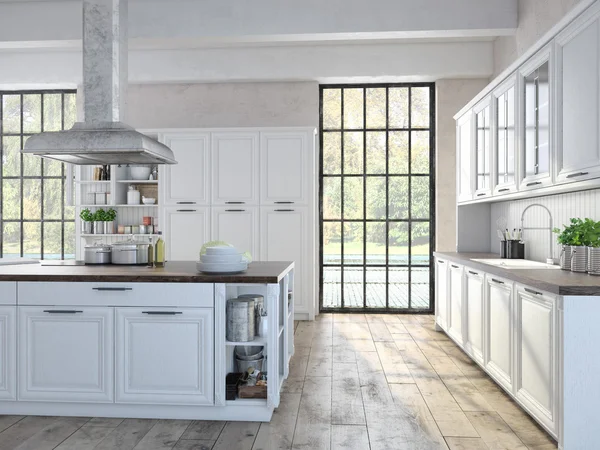 Luxe keuken met roestvrijstalen apparaten. 3D-rendering — Stockfoto