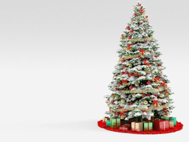 Beyaz üzerine izole edilmiş renkli süslemeleri olan Noel ağacı.