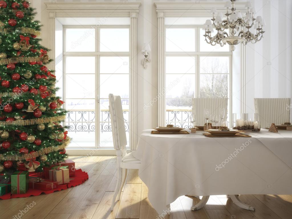 A decorated christmas table with wine glasses and christmas tree in background. 3d rendering