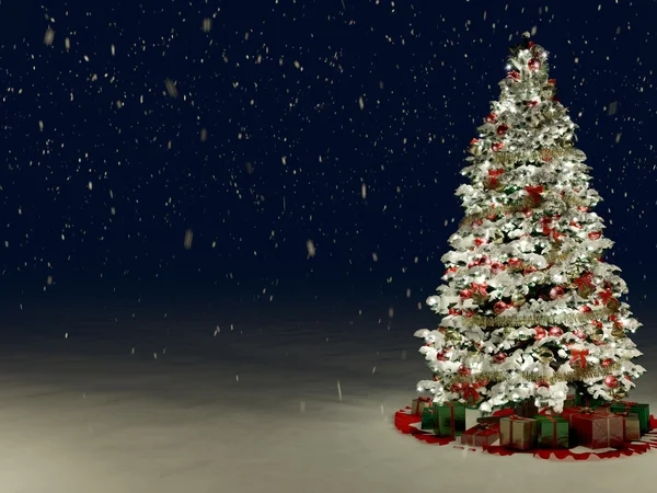 Snön täckte julgran med Multi färgade lampor — Stockfoto