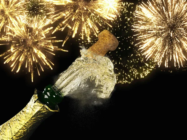 Láhev šampaňského a korek s ohňostroj — Stock fotografie