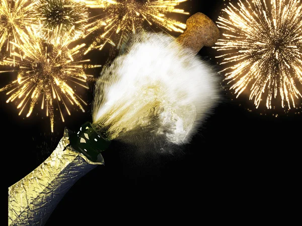 Láhev šampaňského a korek s ohňostroj — Stock fotografie