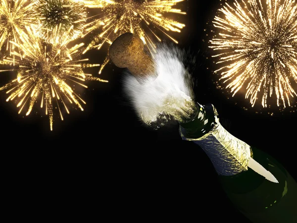 Champagne fles en de kurk met vuurwerk — Stockfoto