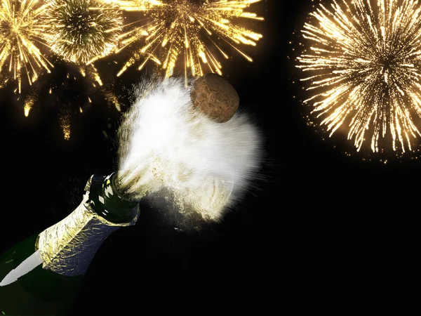 Champagne fles en de kurk met vuurwerk — Stockfoto