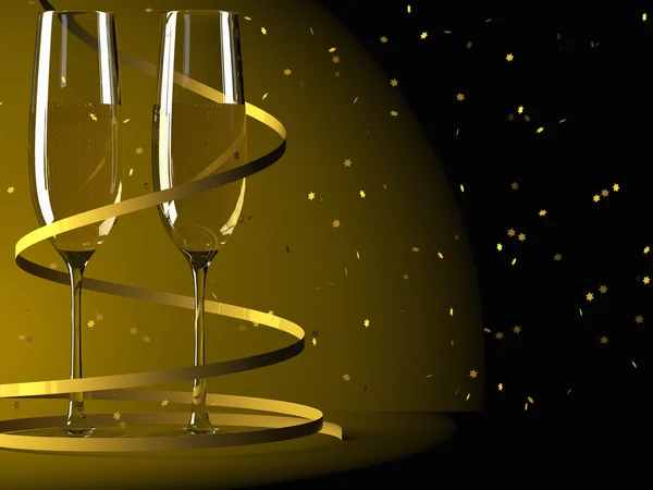 Glasses of champagne and streamer — Stock Photo, Image