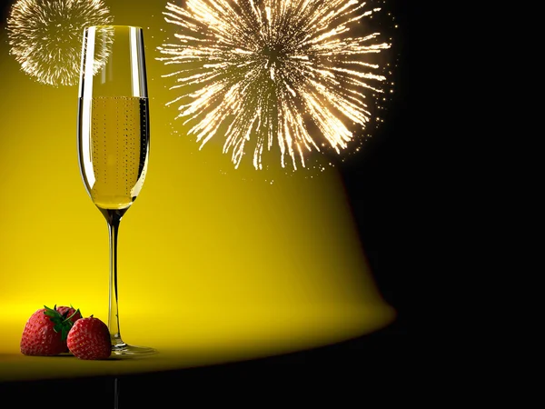 Bicchieri di champagne con fuochi d'artificio sullo sfondo — Foto Stock