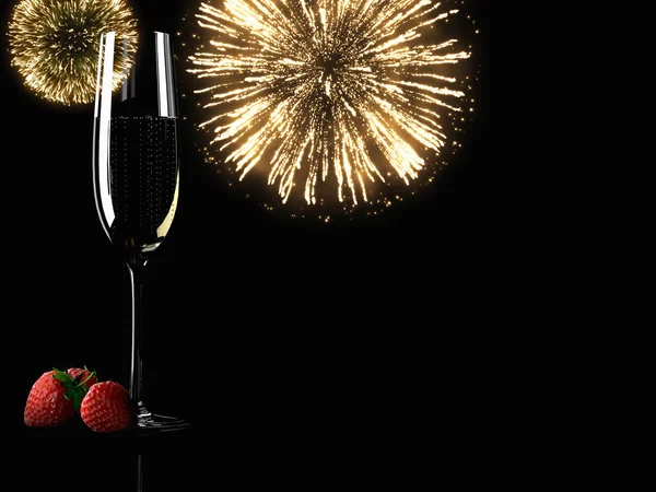 Bicchieri di champagne con fuochi d'artificio sullo sfondo — Foto Stock