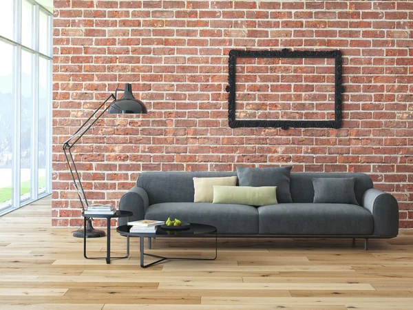 Loft interior com parede de tijolo e mesa de café — Fotografia de Stock