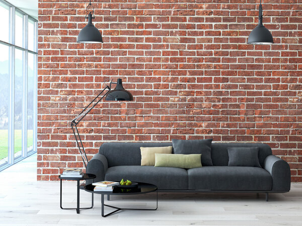 Loft interior with brick wall and coffee table