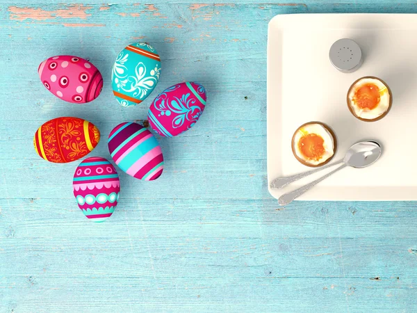 Oeufs de Pâques sur fond de table en bois — Photo