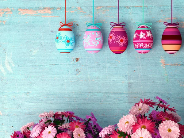 Hand-painted easter eggs with tulips — Stock Photo, Image