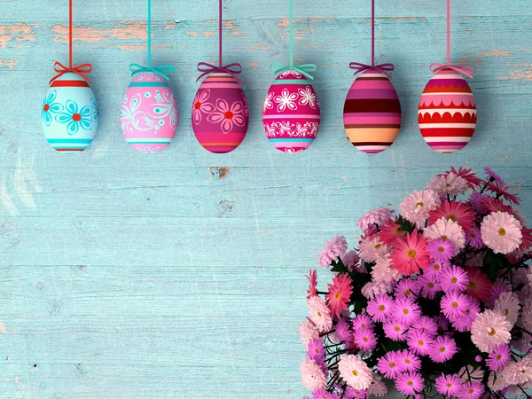 Hand-painted easter eggs with tulips — Stock Photo, Image