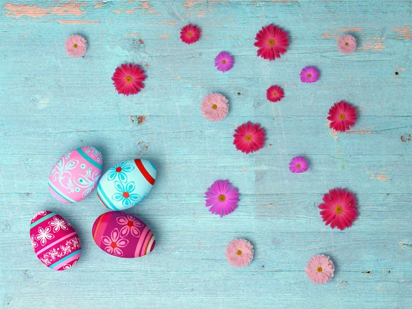 Easter eggs on wooden table background — Stock Photo, Image