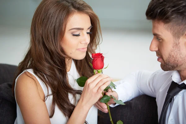 Portrait of two young people holding a rose Stock Picture