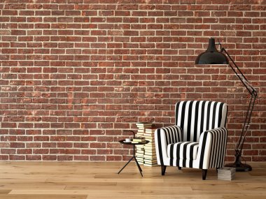 bir koltuk ve kitaplar, 3d render oturma odası