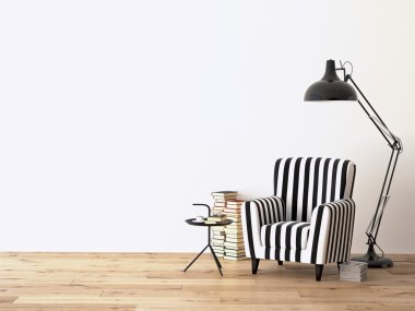 bir koltuk ve kitaplar, 3d render oturma odası