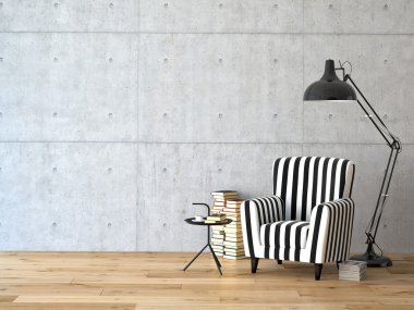 bir koltuk ve kitaplar, 3d render oturma odası