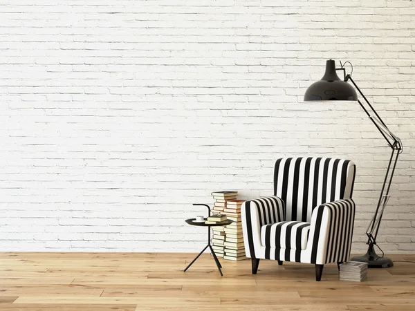 bir koltuk ve kitaplar, 3d render oturma odası