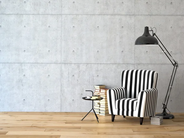 bir koltuk ve kitaplar, 3d render oturma odası