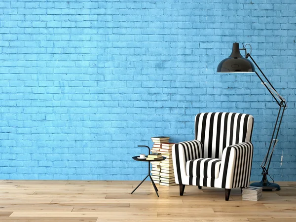 Wohnzimmer mit Sessel und Büchern, 3D-Darstellung — Stockfoto
