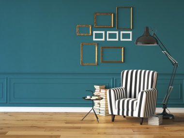 bir koltuk ve kitaplar, 3d render oturma odası