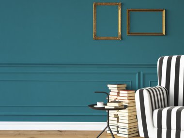 bir koltuk ve kitaplar, 3d render oturma odası