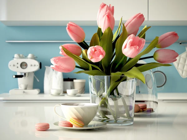 Tulipas amarelas frescas no fundo da cozinha. Renderização 3d — Fotografia de Stock