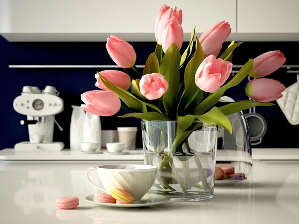 Tulipas amarelas frescas no fundo da cozinha. Renderização 3d — Fotografia de Stock